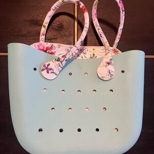 Floral-Trim Light Blue Tote Bag